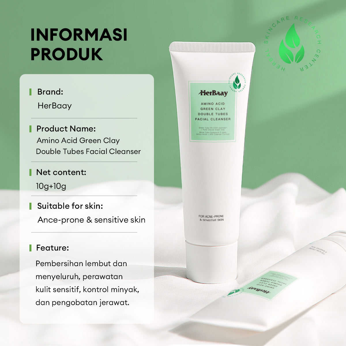 HerBaay 7 Plus Amino Acids Facial Wash untuk Kulit Berjerawat & Sensitif Soothing Gentle Cleanser Face Wash